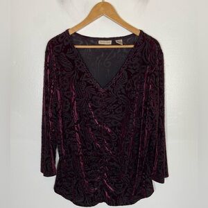Apostrophe Burnout Velvet 3/4 Sleeves Top 16W/18W Purple V-Neck Ruched Goth USA